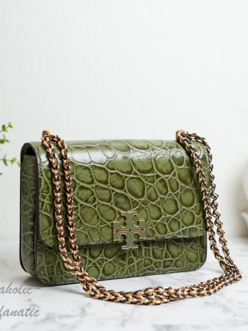 Tory Burch Britten Embossed Croc Small Shoulder Bag Crossbody in Soft Ivy